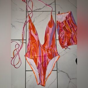 shein pink and orange one piece bathing suit swimsuit with skirt